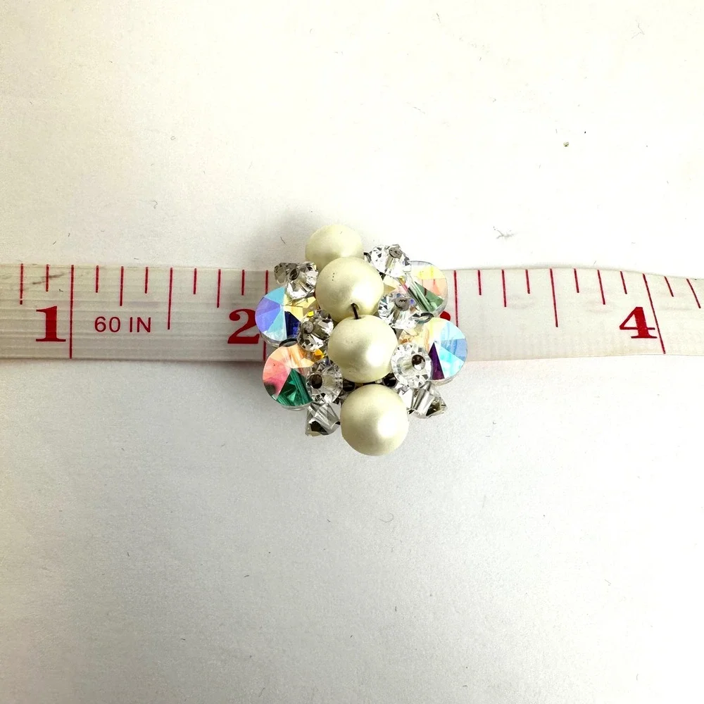 Vintage Faux Pearl Aurora‎ Borealis Crystal Cluster Clip On Earrings Silver Tone